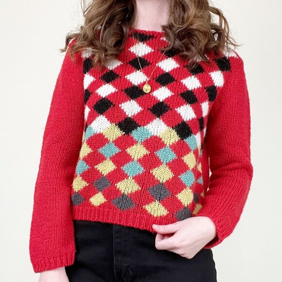 Vintage Hand Knit Harlequin Argyle Pattern Eclectic Handmade New Romantics Wool - Picture 1 of 5